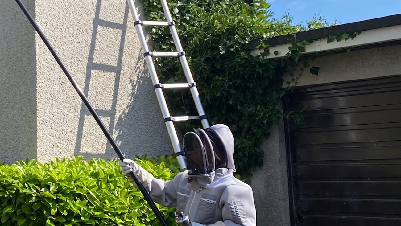 Technicien anti-nuisibles en combinaison de protection lors d'une intervention